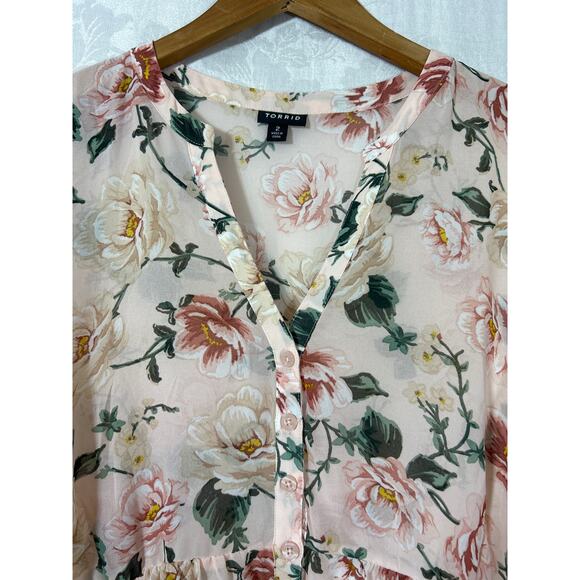 Torrid Tunic 2 2X Pink Green Floral Sheer Hi Lo Peplum Cottagecore Babydoll - Picture 4 of 11